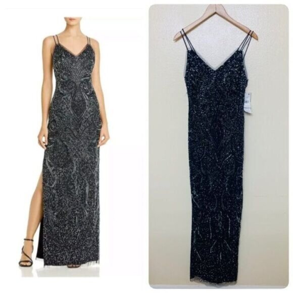 Aidan Mattox Deco Beaded Column Black-Tie Formal Gown Size 10 in Twilight Navy - Picture 1 of 13